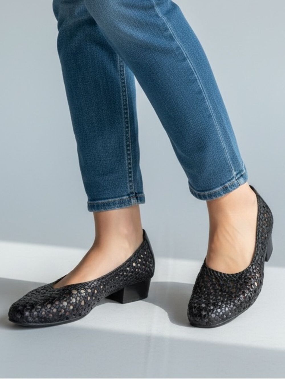 Vintage Black Woven Low Block Heel Pumps